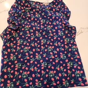 Juicy Couture Raspberry Print Blouse Navy Pink Ruffle Sleeve Womens Size L